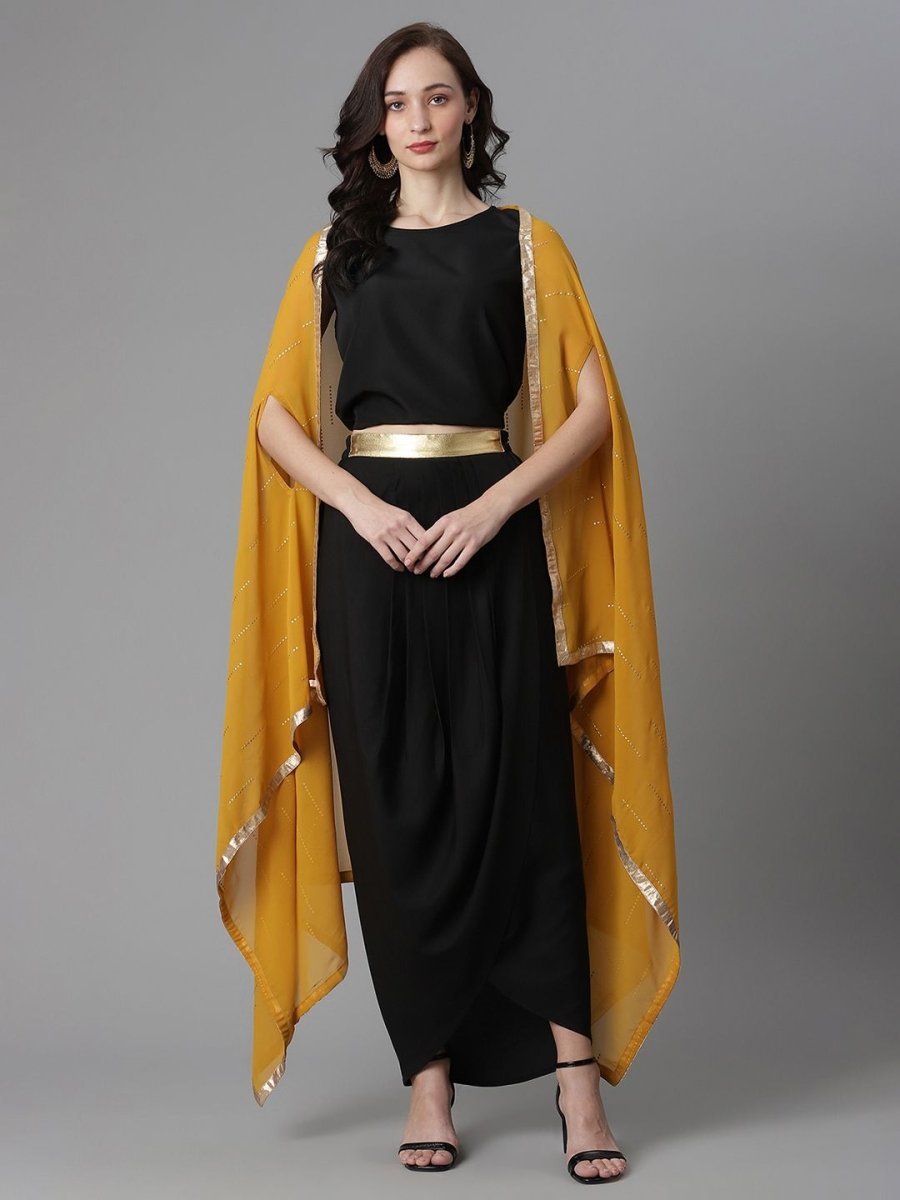 Ahalyaa Women's Black Crepe Top Skirt With Shrug | Swadesiicart