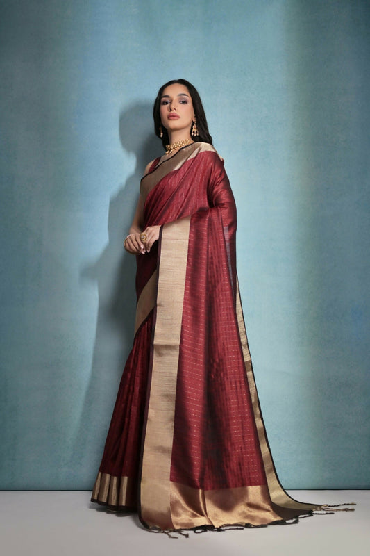 Vishnu Weaves Women's Maroon Raw Silk Zari Woven Saree with Blouse - Swadesiicart