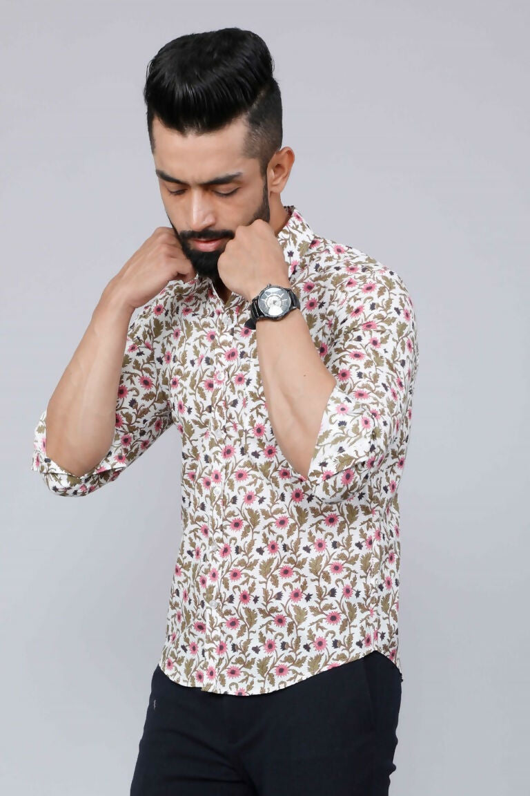 Miravan Men's Cotton Printed Full Sleeve Slim Fit Spread Neck White & Pink Colour Shirt | Swadesiicart