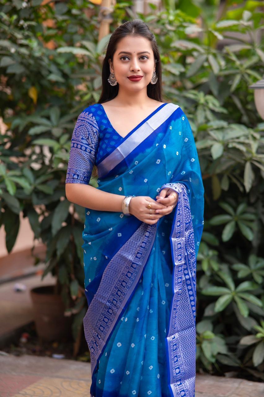 Blue Jute Silk Ethnic Motifs Saree with Unstitched Blouse - Hiral Fashion | Swadesiicart
