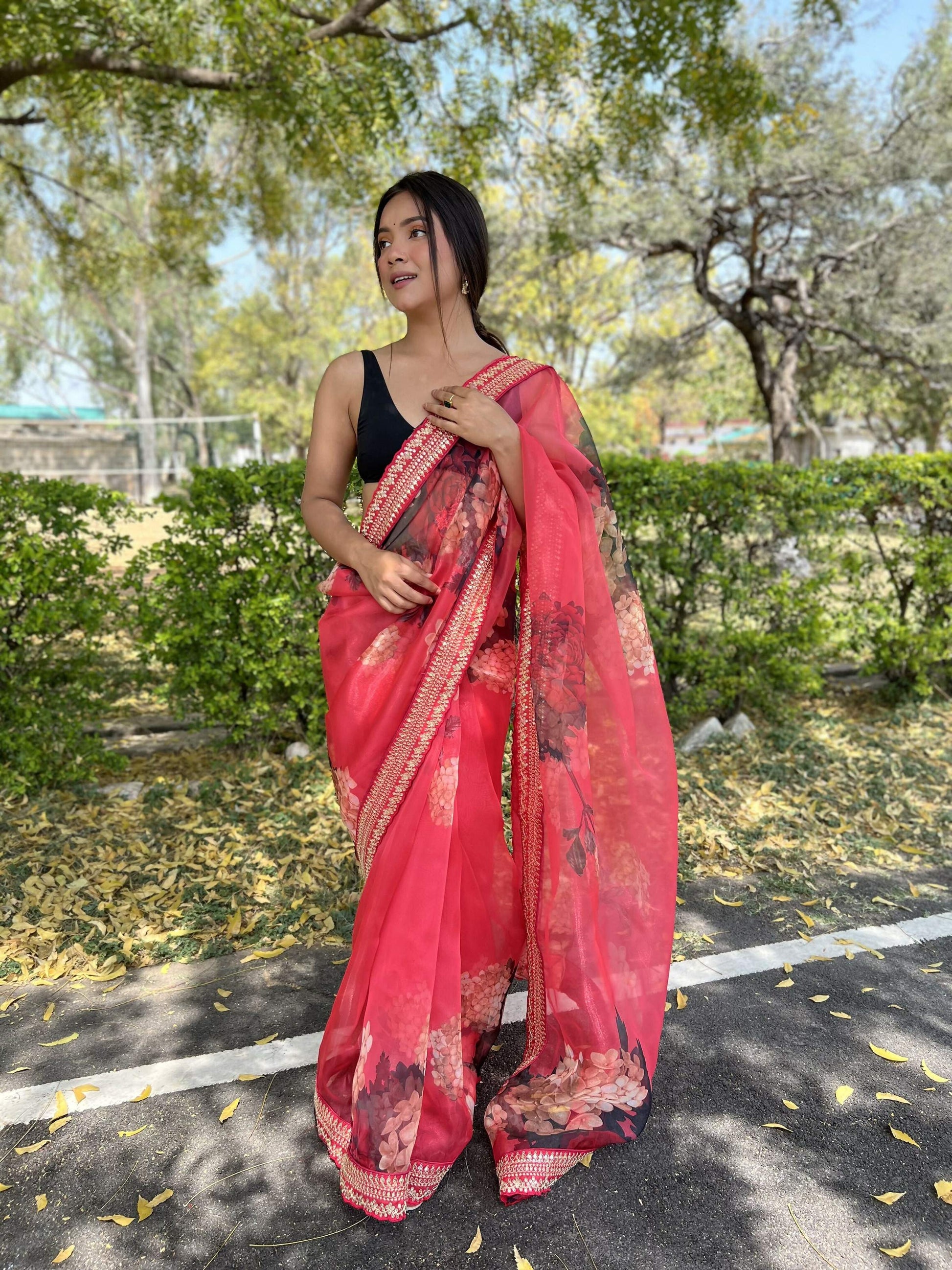Vamsee Kali Patti Red Organza Saree - Swadesiicart