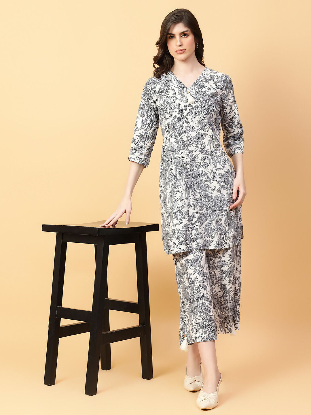 Joban Fashion Grey Cotton Printed & Hand Work Co-ord Set - Swadesiicart