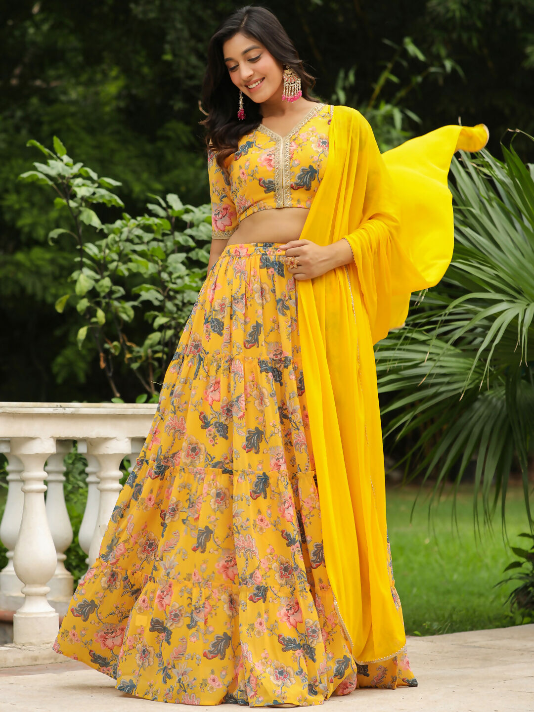 Janasya Yellow Georgette Floral Lehenga Choli Dupatta | Swadesiicart