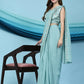 Sky Blue Silk Satin Solid Ready to wear Saree with stitched Blouse - Satiksha | Swadesiicart