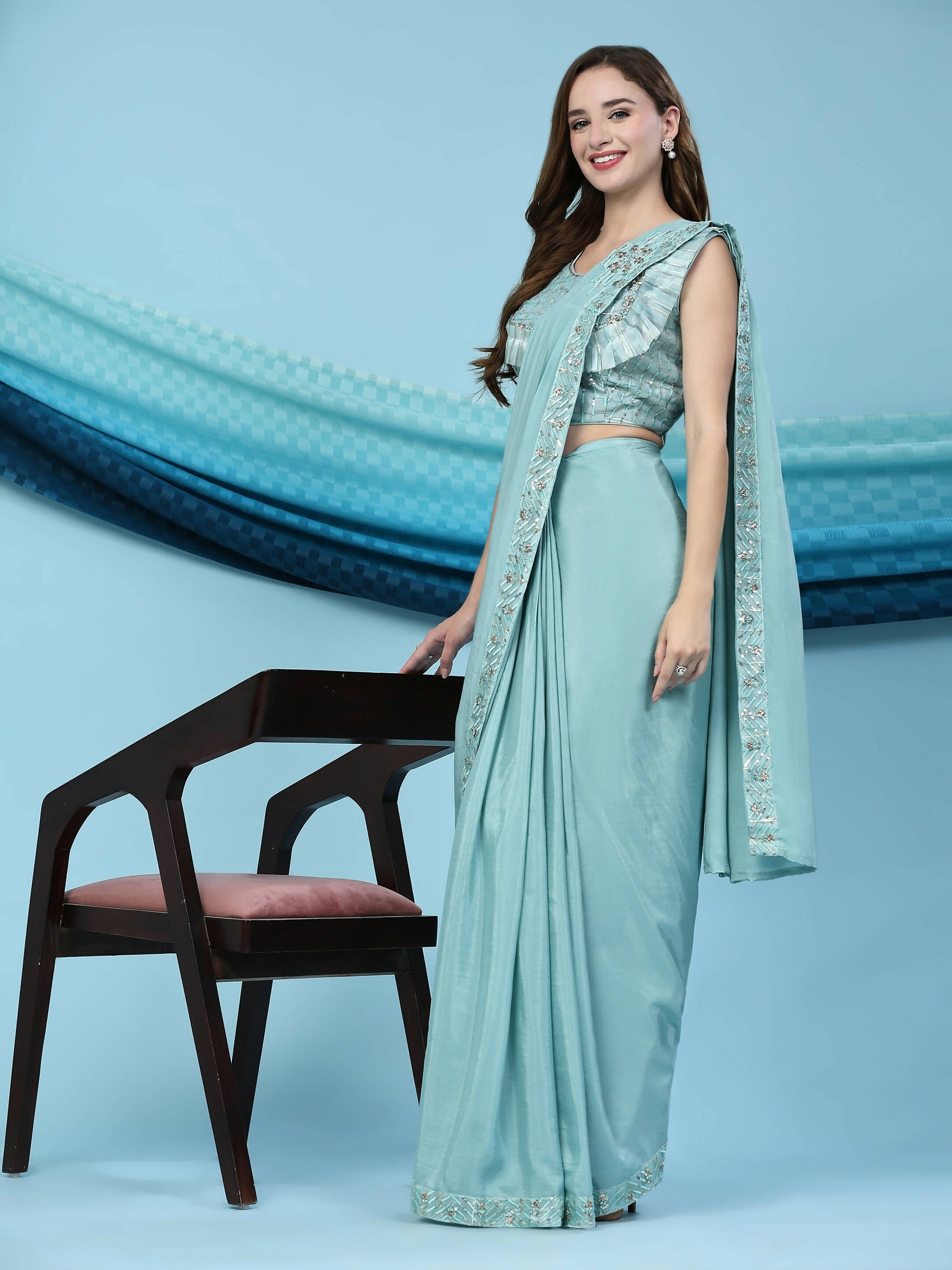 Sky Blue Silk Satin Solid Ready to wear Saree with stitched Blouse - Satiksha | Swadesiicart