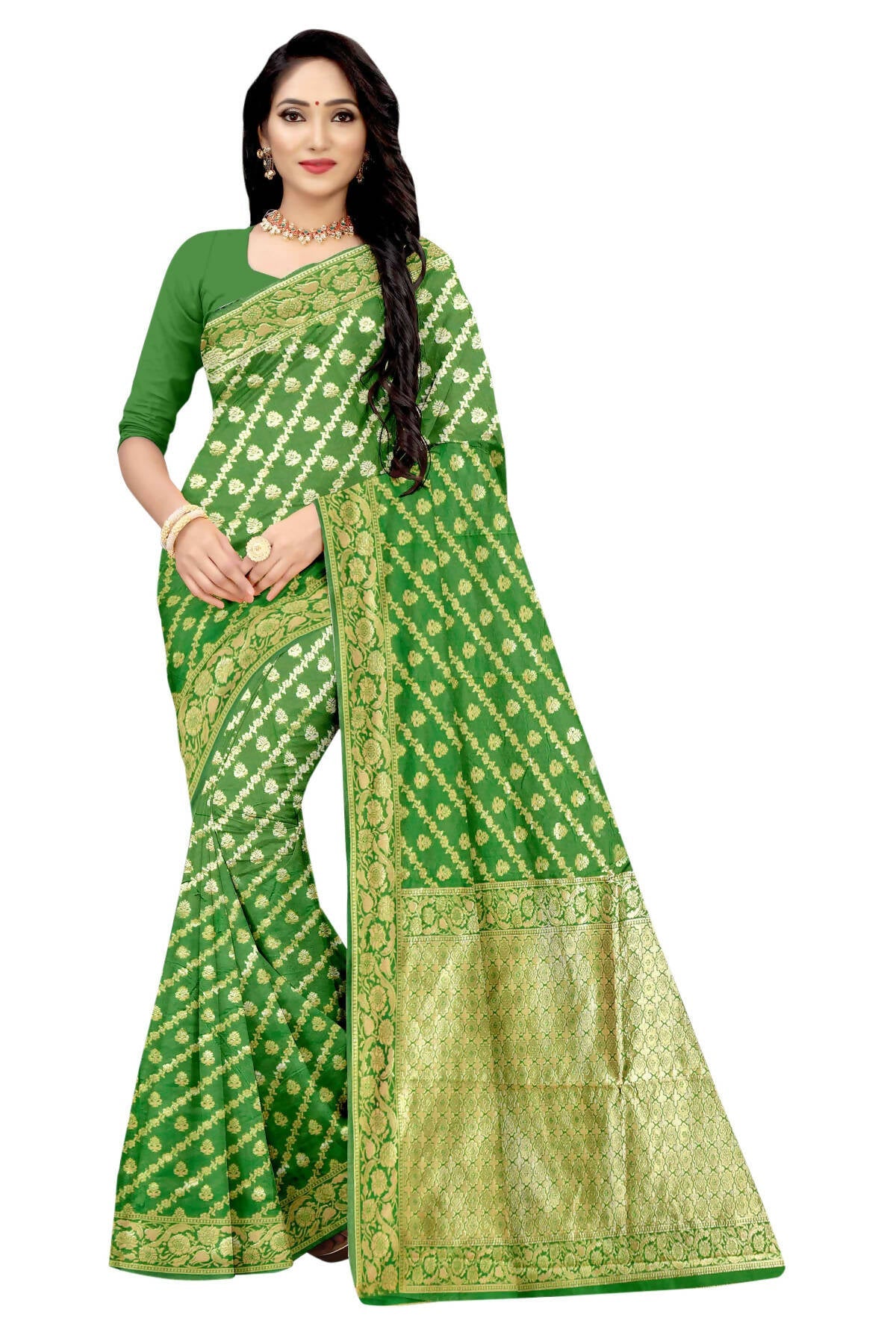 Vamika Green Weaving Banarasi Jacquard Saree | Swadesiicart