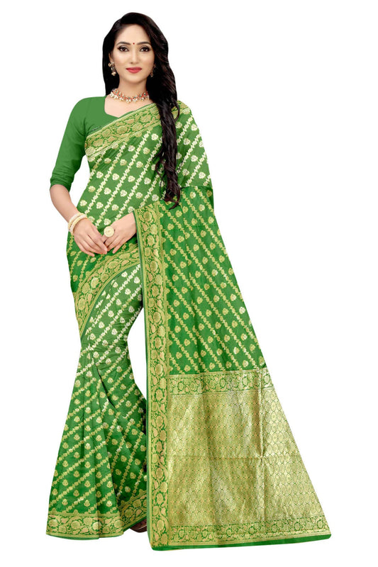 Vamika Green Weaving Banarasi Jacquard Saree | Swadesiicart