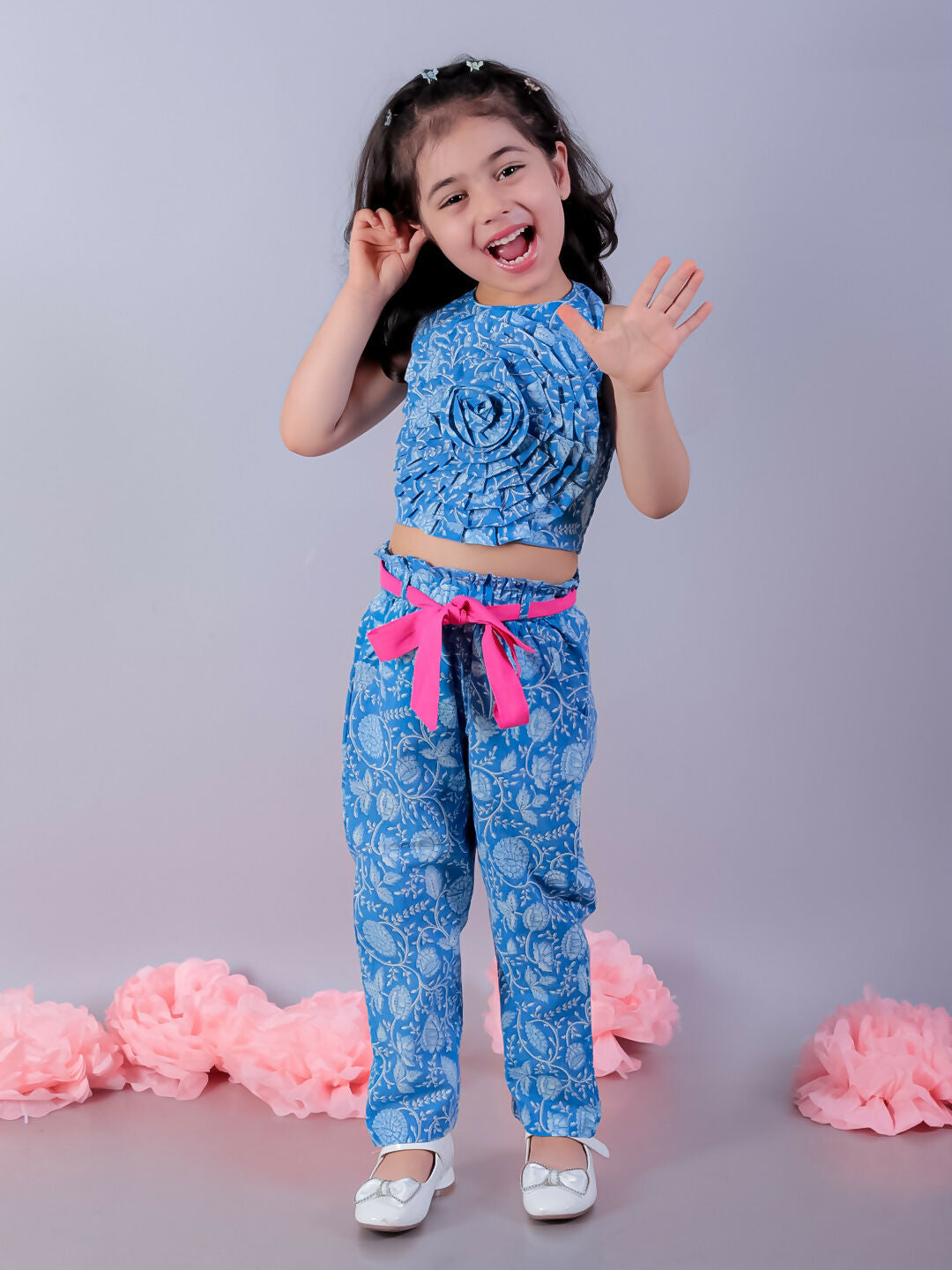 Lil Drama Jaipur Girls Blue Printed Top with Printed Pant Co-ordinate Set - Swadesiicart