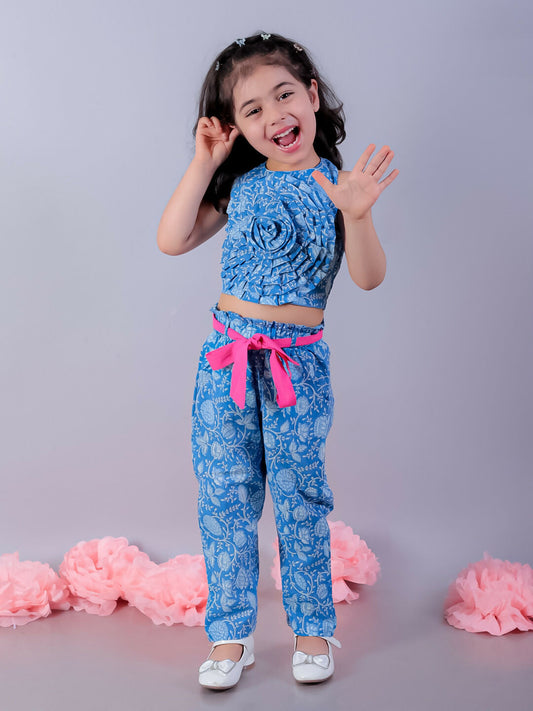 Lil Drama Jaipur Girls Blue Printed Top with Printed Pant Co-ordinate Set - Swadesiicart