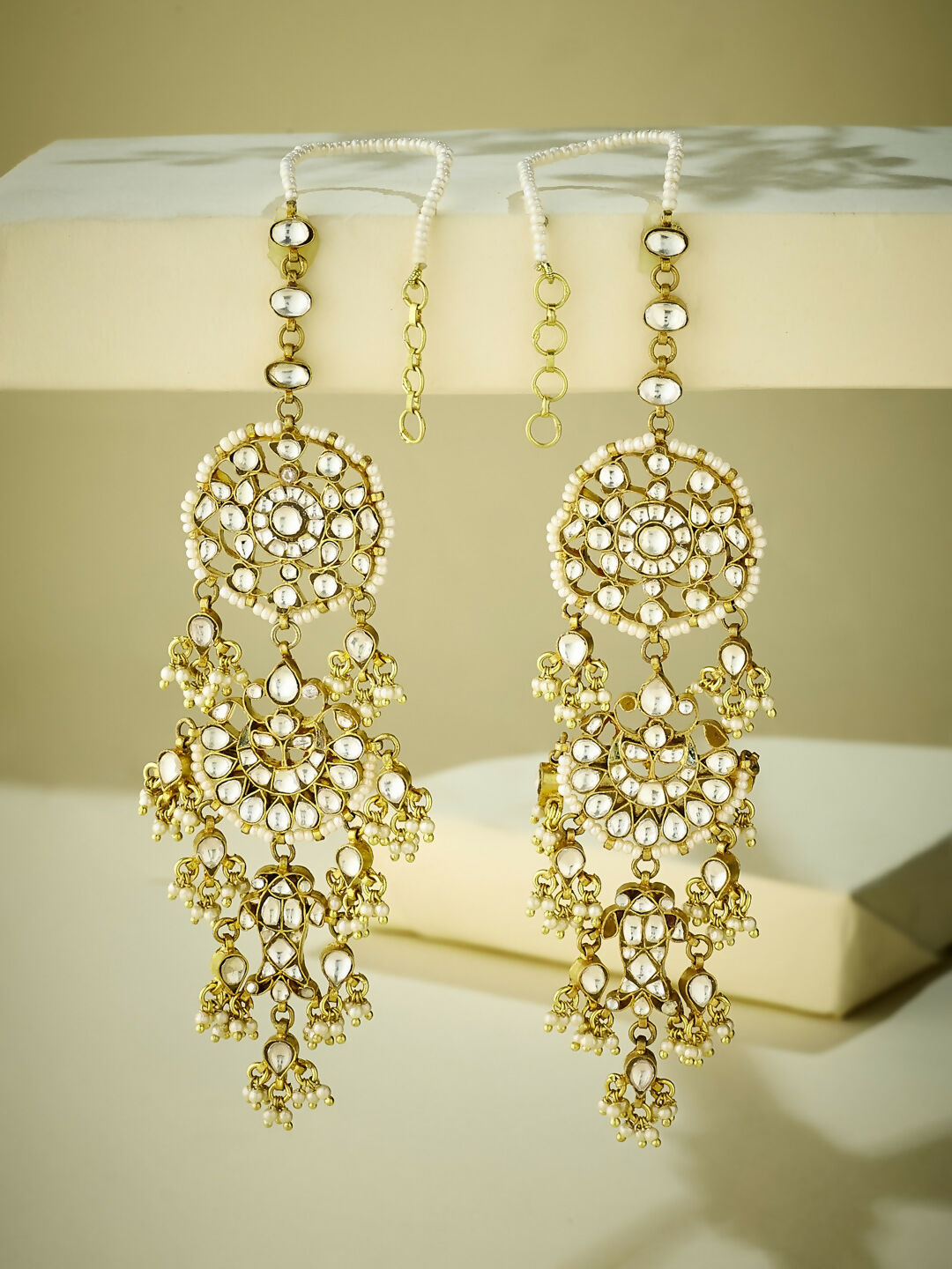 Nuyug 22 K Gold-Plated Elegant Kundan Studded & Pearl Beaded Crescent Shaped Kanauti Earrings | Swadesiicart