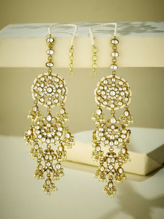 Nuyug 22 K Gold-Plated Elegant Kundan Studded & Pearl Beaded Crescent Shaped Kanauti Earrings | Swadesiicart