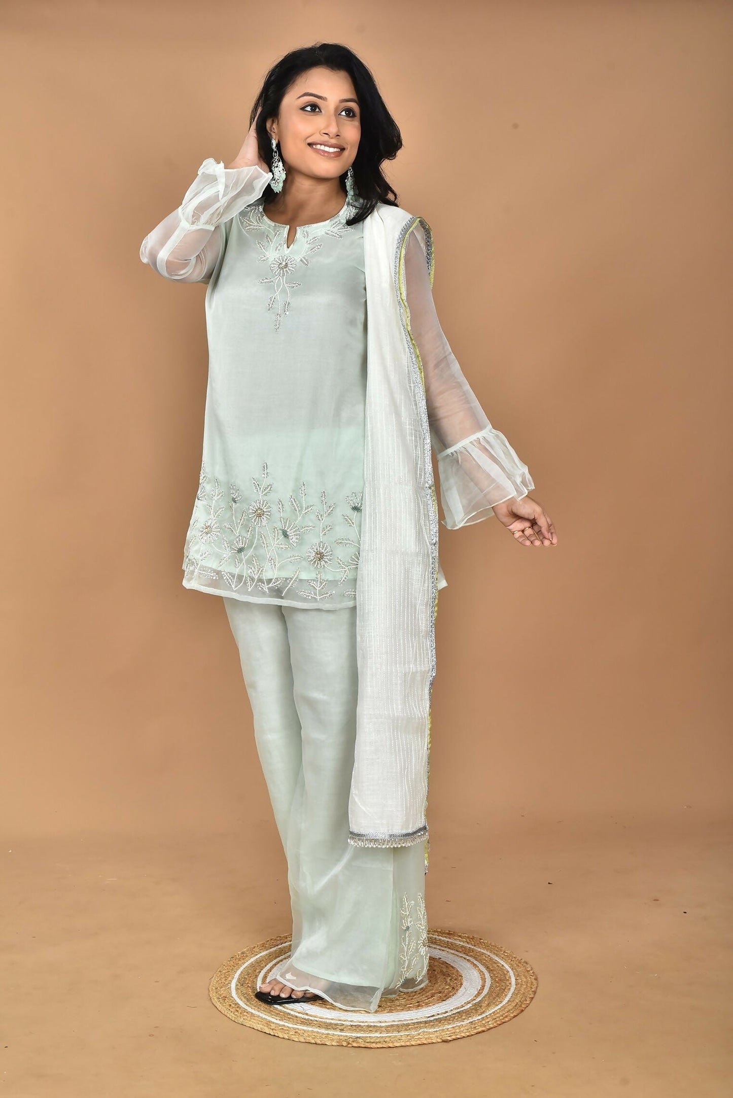 Morchari Women And Hand Embroidery Palazzo Set-Green - Swadesiicart