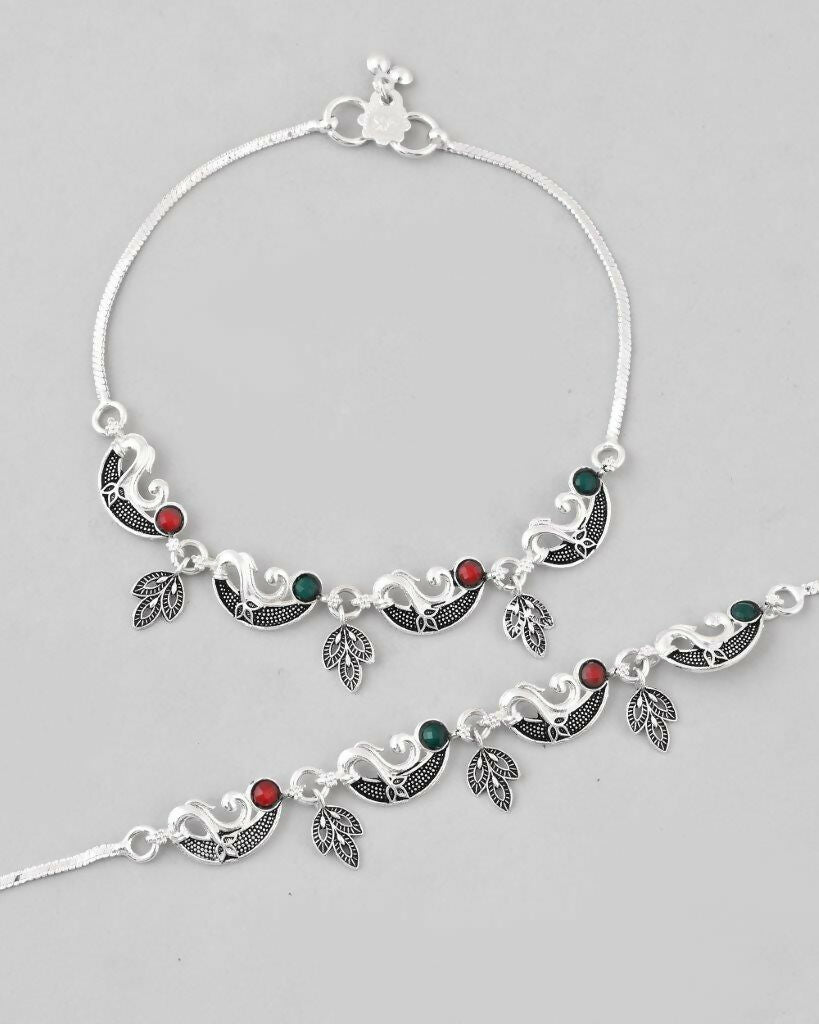 VOJ Set of 2 Silver Plated Meenakari Multi Color Anklet - Swadesiicart