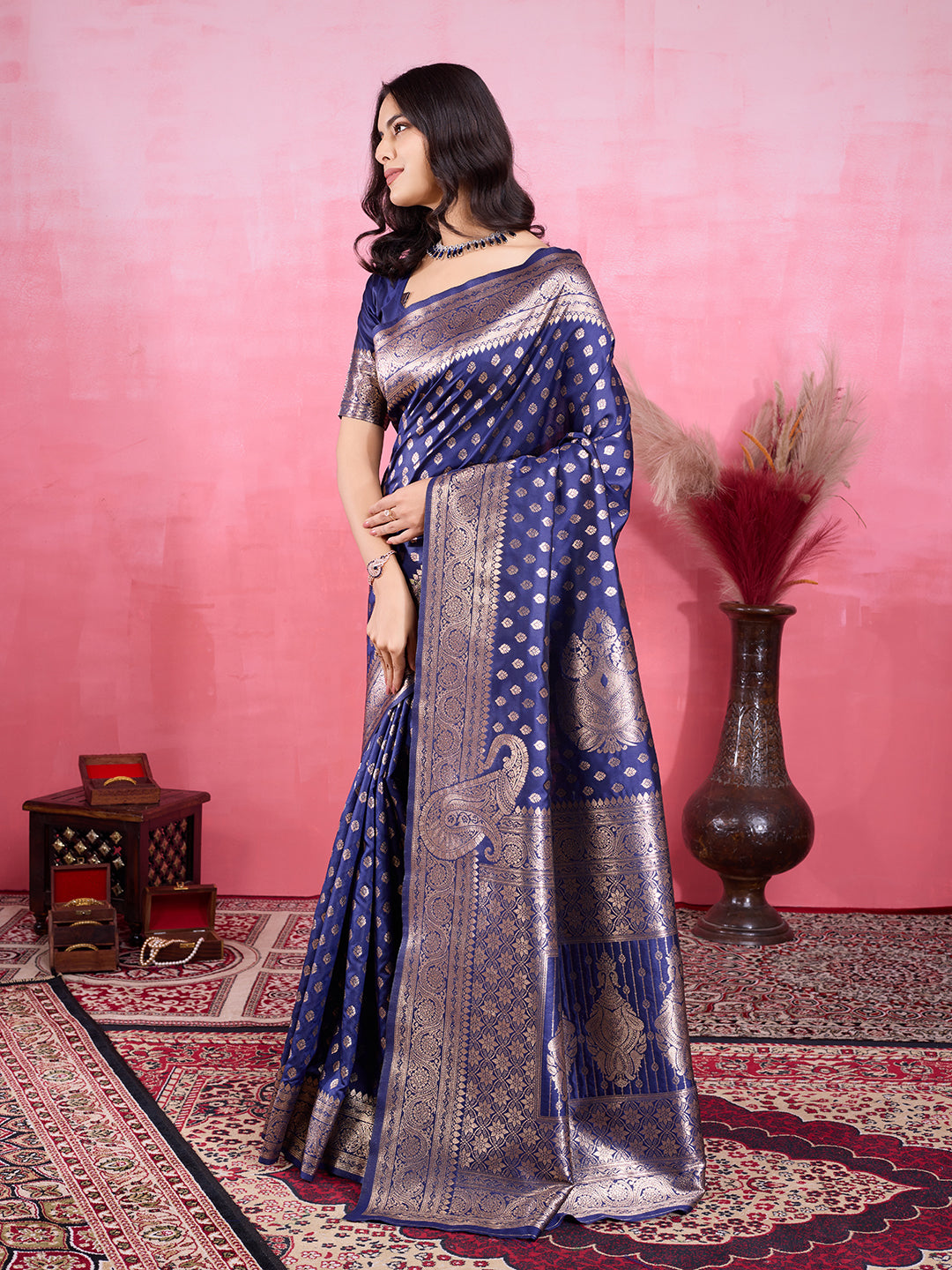 Vedant Vastram Banarasi Silk Fashion Saree - Navy | Swadesiicart