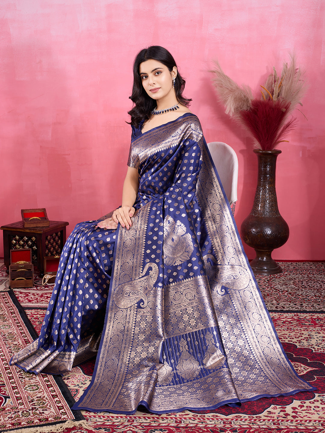 Vedant Vastram Banarasi Silk Fashion Saree - Navy | Swadesiicart