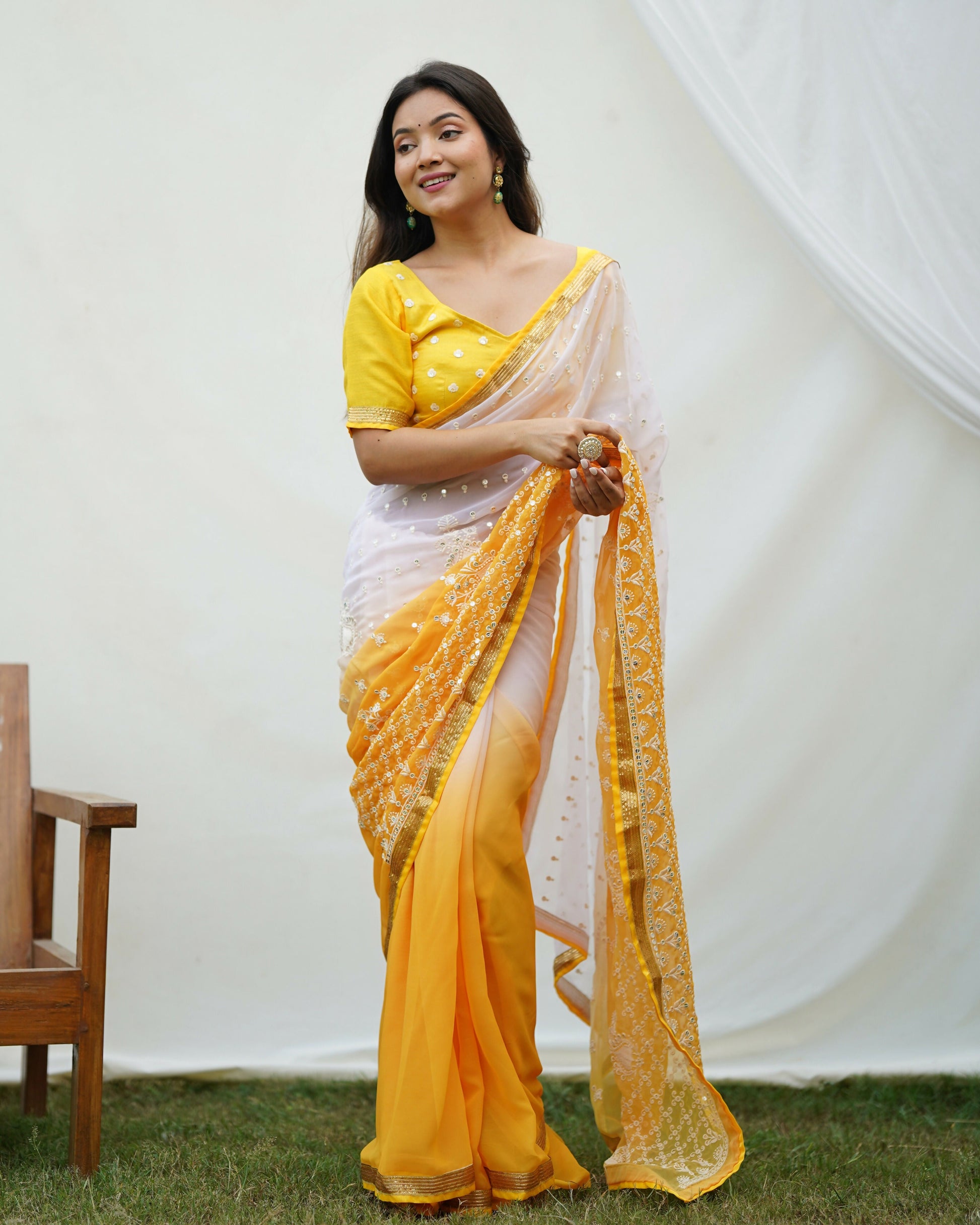 Vamsee Yellow Sequence 2 Yellow & White Georgette Saree - Swadesiicart