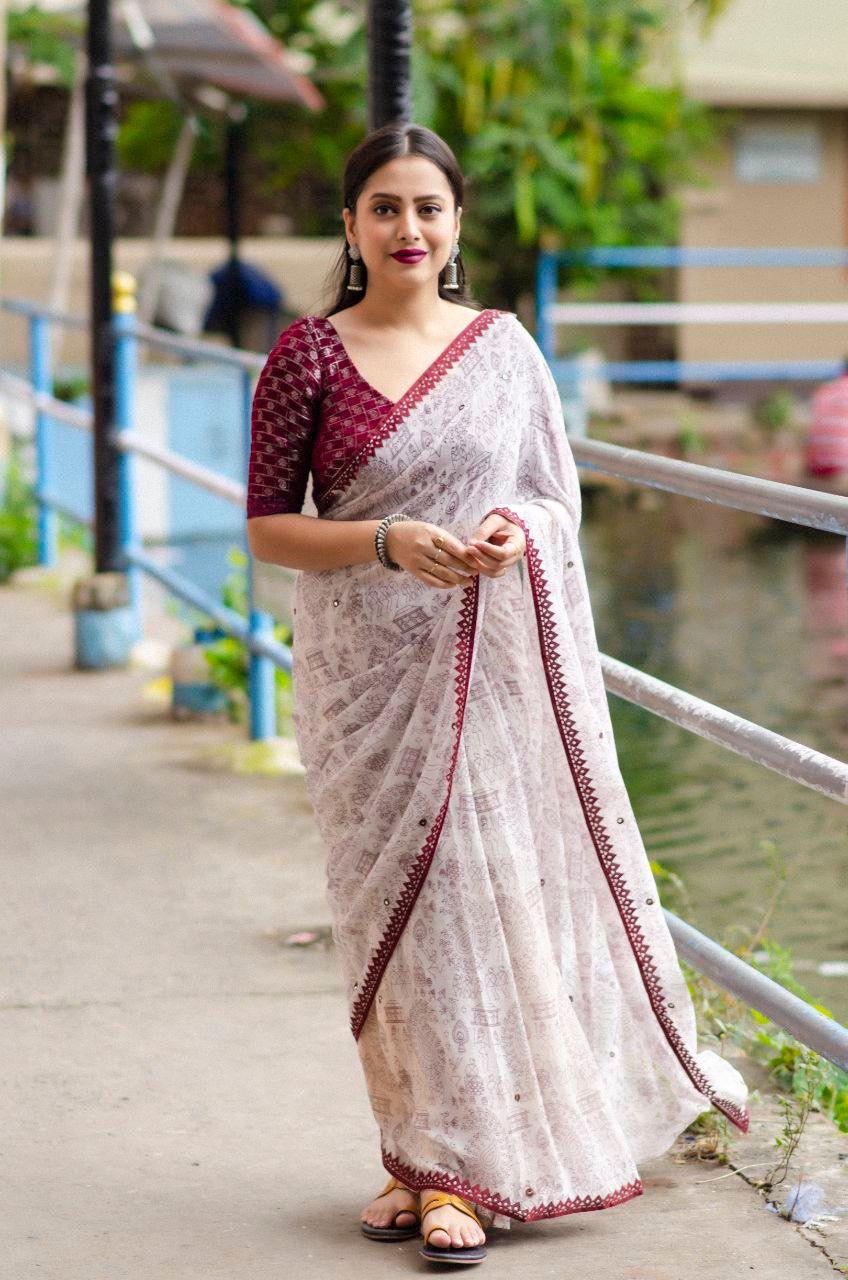 maroon Pure Georgette Warli Saree with Unstitched Blouse - Hiral Fashion | Swadesiicart