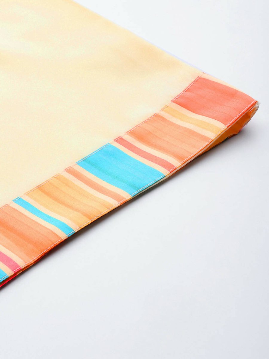 Ahalyaa Peach-Coloured & Blue Printed Striped Asymmetric Taselled Kaftan Kurta Palazzos | Swadesiicart