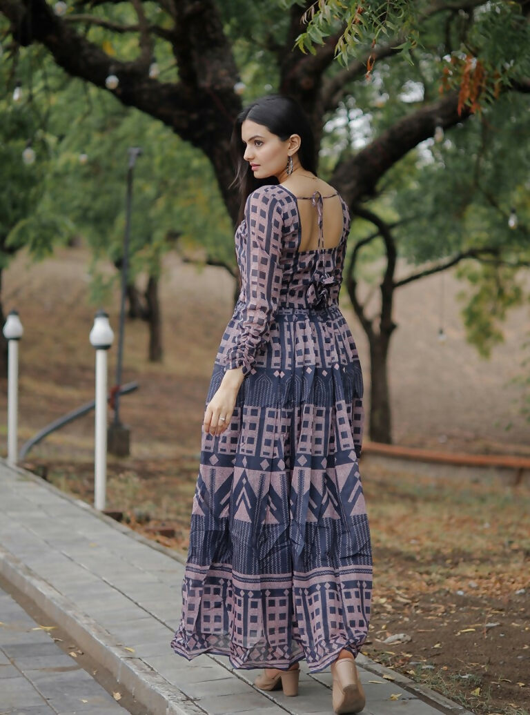 Jyoti Fashion Women's Navy Blue Heavy Digital Printed Pure Chanderi Anarkali Dress | Swadesiicart