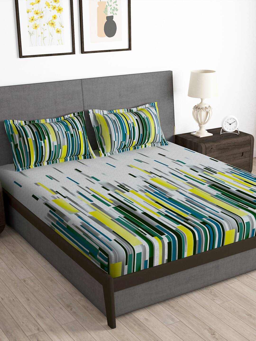 Story@home Grey & White Striped Microfiber 180 TC Bedsheet With Pillow Cover - Swadesiicart
