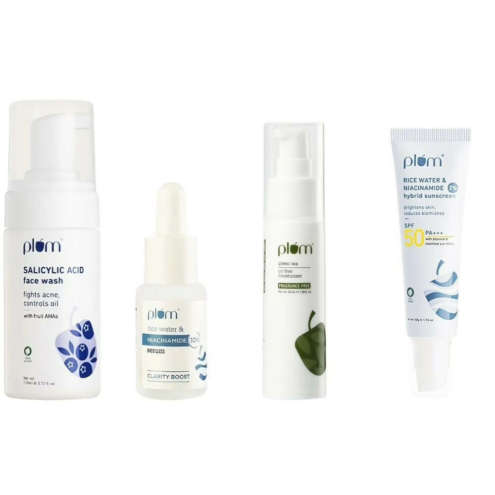 Plum Bright & Clear Skin Routine CSMS (Cleanser, Serum, Moisturizer, Sunscreen) Combo | Swadesiicart