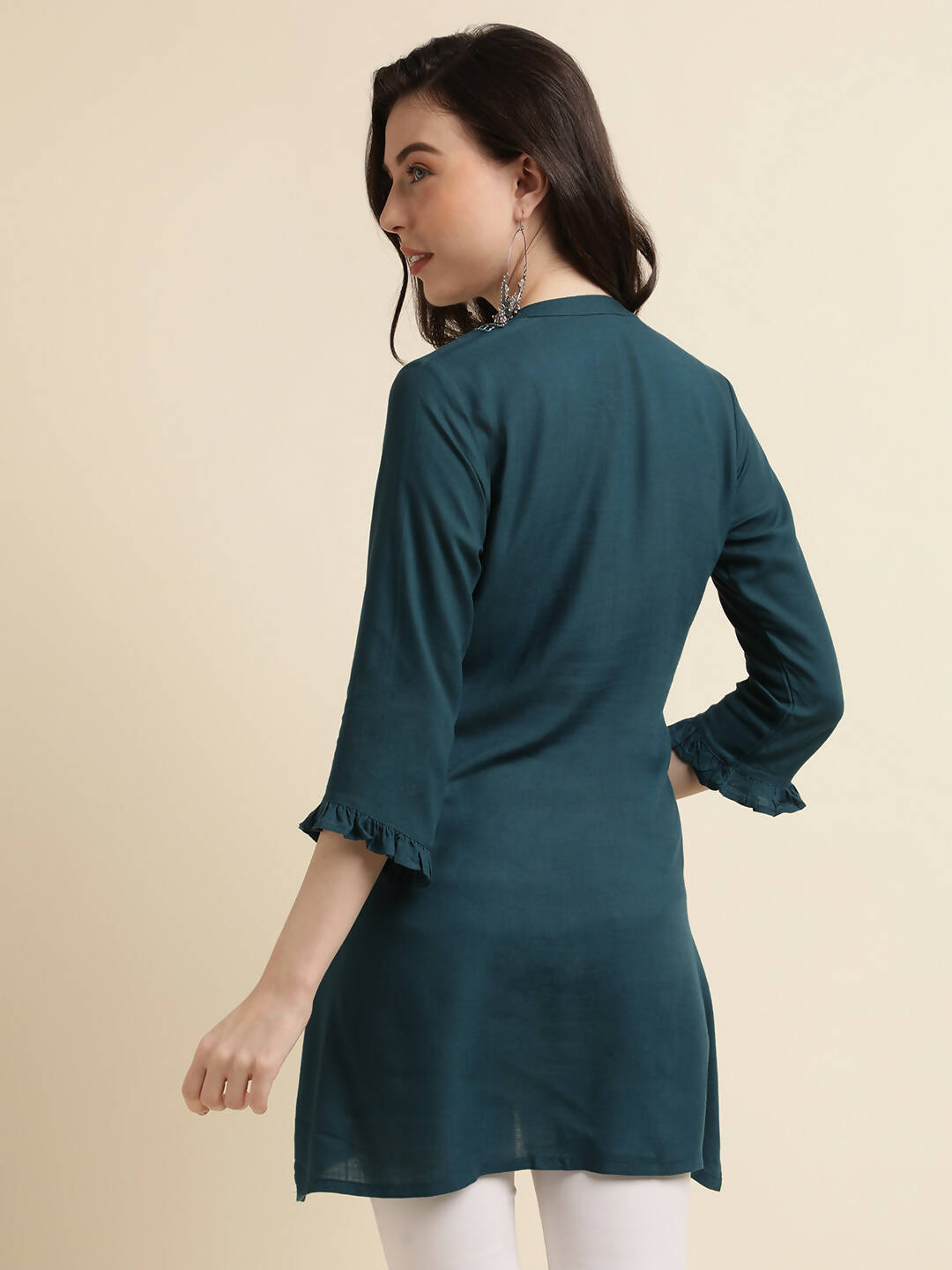 Teal Rayon Yoke Embroidered A-line Top - Tarini - Swadesiicart