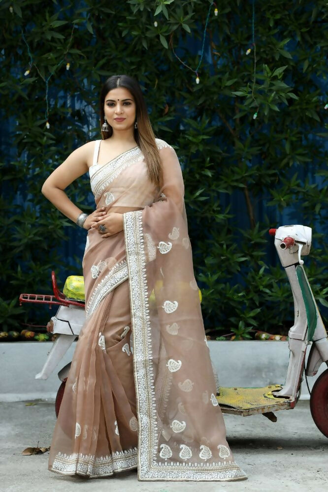 Vamsee Cotton Kerry Coffee (Cotton Kerry) Organza Saree - Swadesiicart