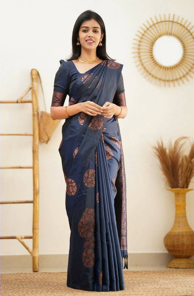 DEIANA'S Beautiful Designer Golden zari Soft Lichi Silk Saree - Navy Blue - Swadesiicart