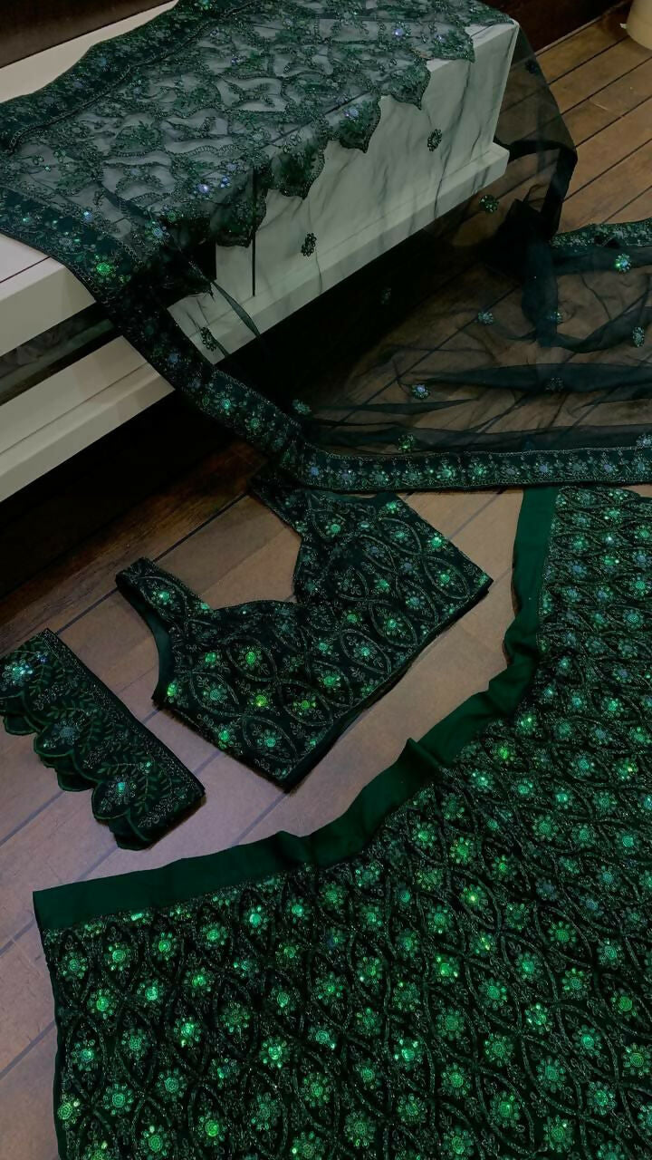 Jyoti Fashion Women's Dark Green Net Sequins with Dori & Thread Embroidered Designer Lehenga Choli Set | Swadesiicart