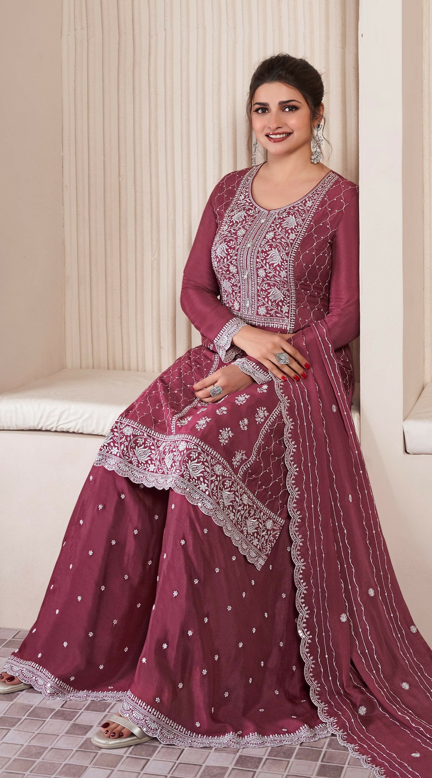 Anaita Maroon Embroidered Work Silk Stitched Sharara suit
