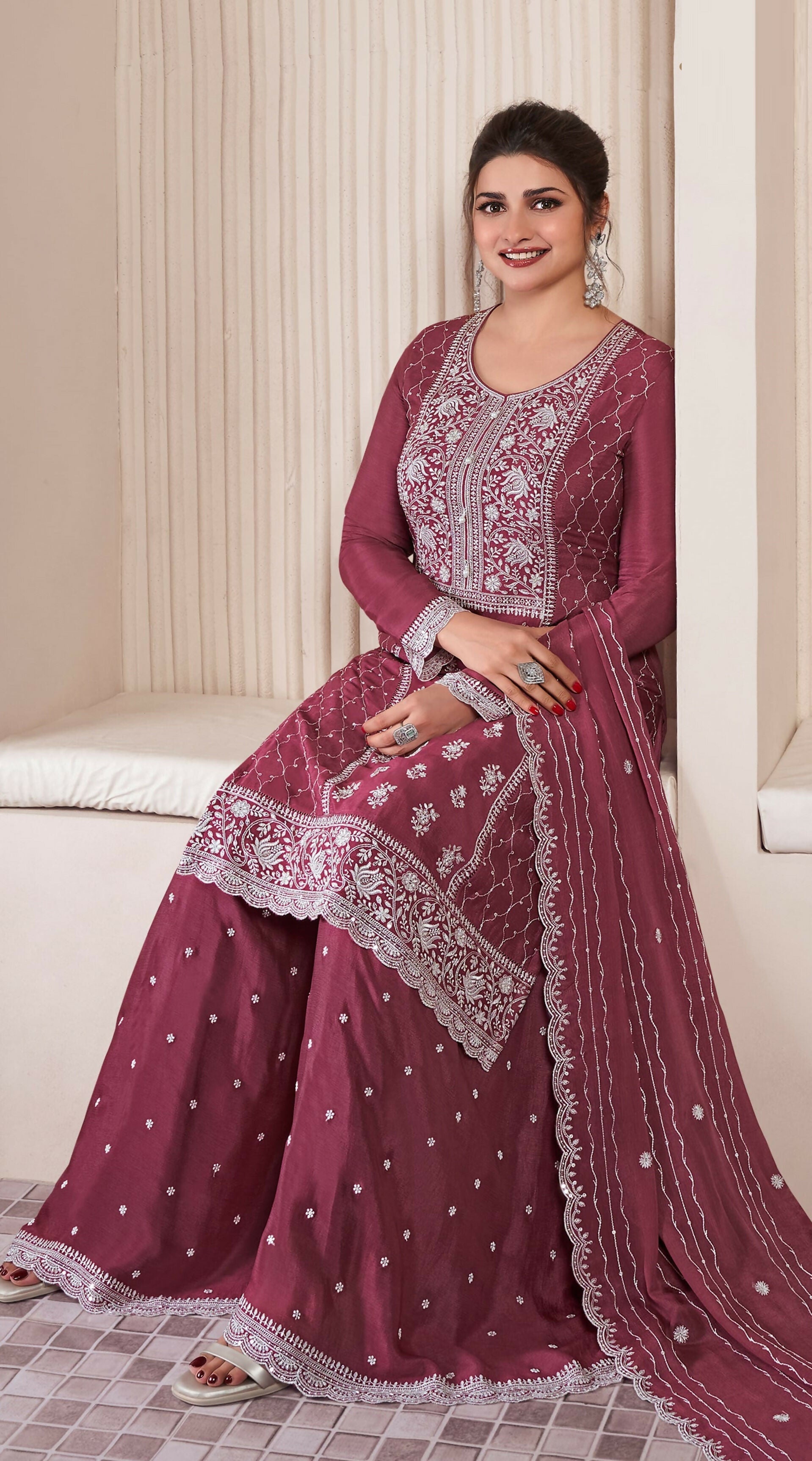 Anaita Maroon Embroidered Work Silk Stitched Sharara suit