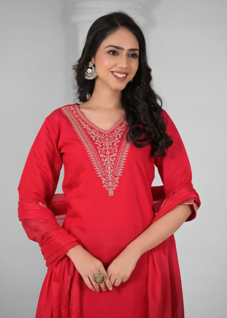 Ethnic Festive Wear Chanderi Viscose Red Stitched Suit With Dupatta - Tanisha | Swadesiicart
