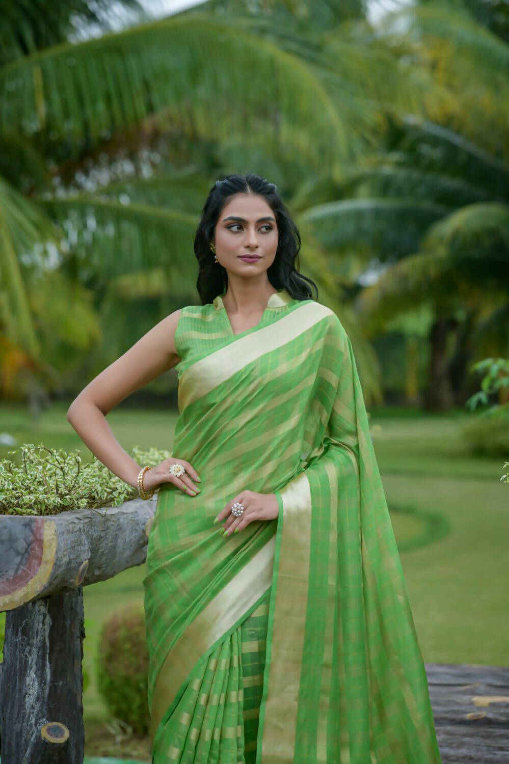Vishnu Weaves Women's Green Organza Silk Zari Woven Saree with Blouse - Swadesiicart