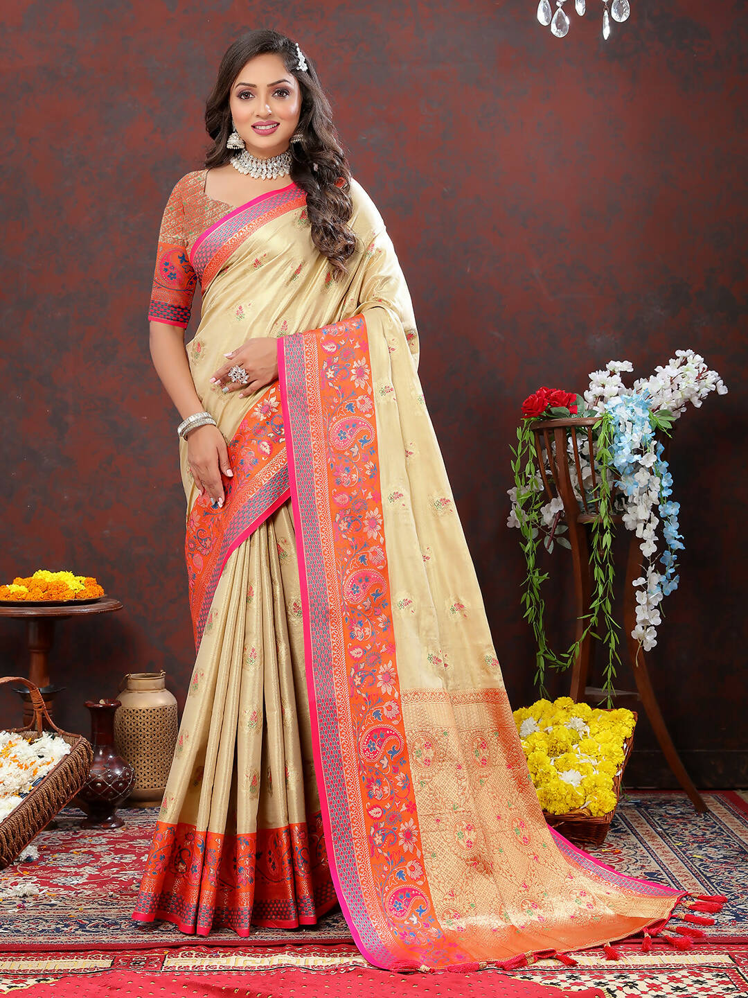 Lorenvalley Fashion Cream Kanjivaram Silk Woven Design with Zari Weaving Saree - Swadesiicart