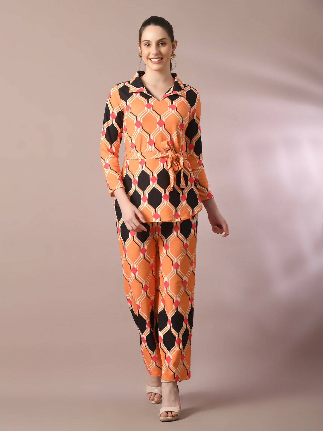 Myshka Women's Multi Printed Polo Collar Party Top With Trousers Co-ord set - Swadesiicart