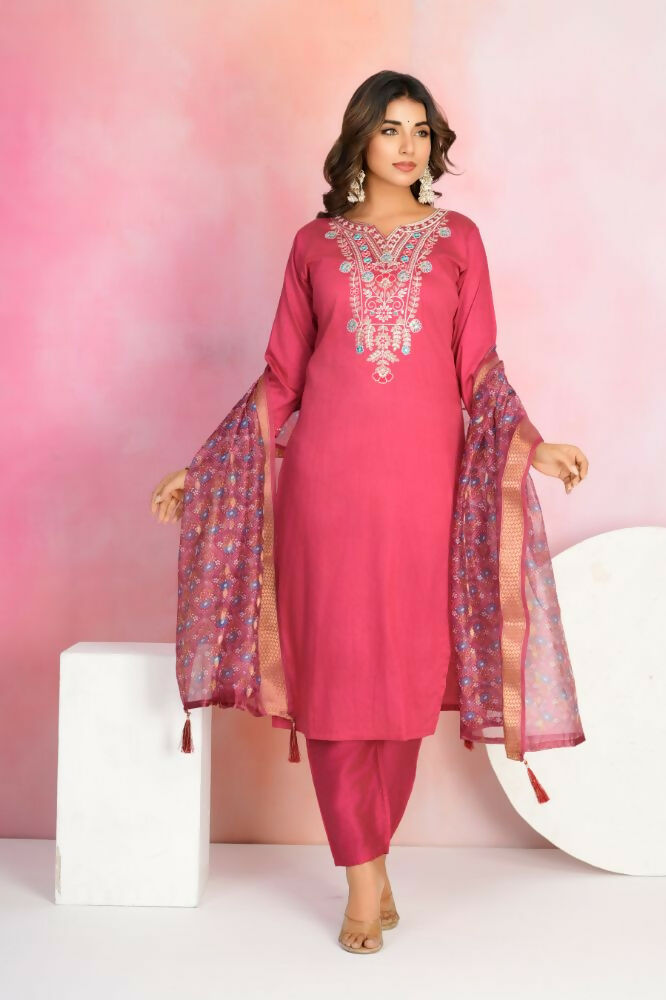 Ethnic Festive Wear Chanderi Red Stitched Suit With Dupatta - Tanisha | Swadesiicart