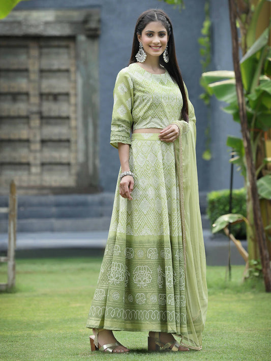 Juniper Green Santoon Slub Festive Foil Print Straight Lehnga Choli Set For Women | Swadesiicart