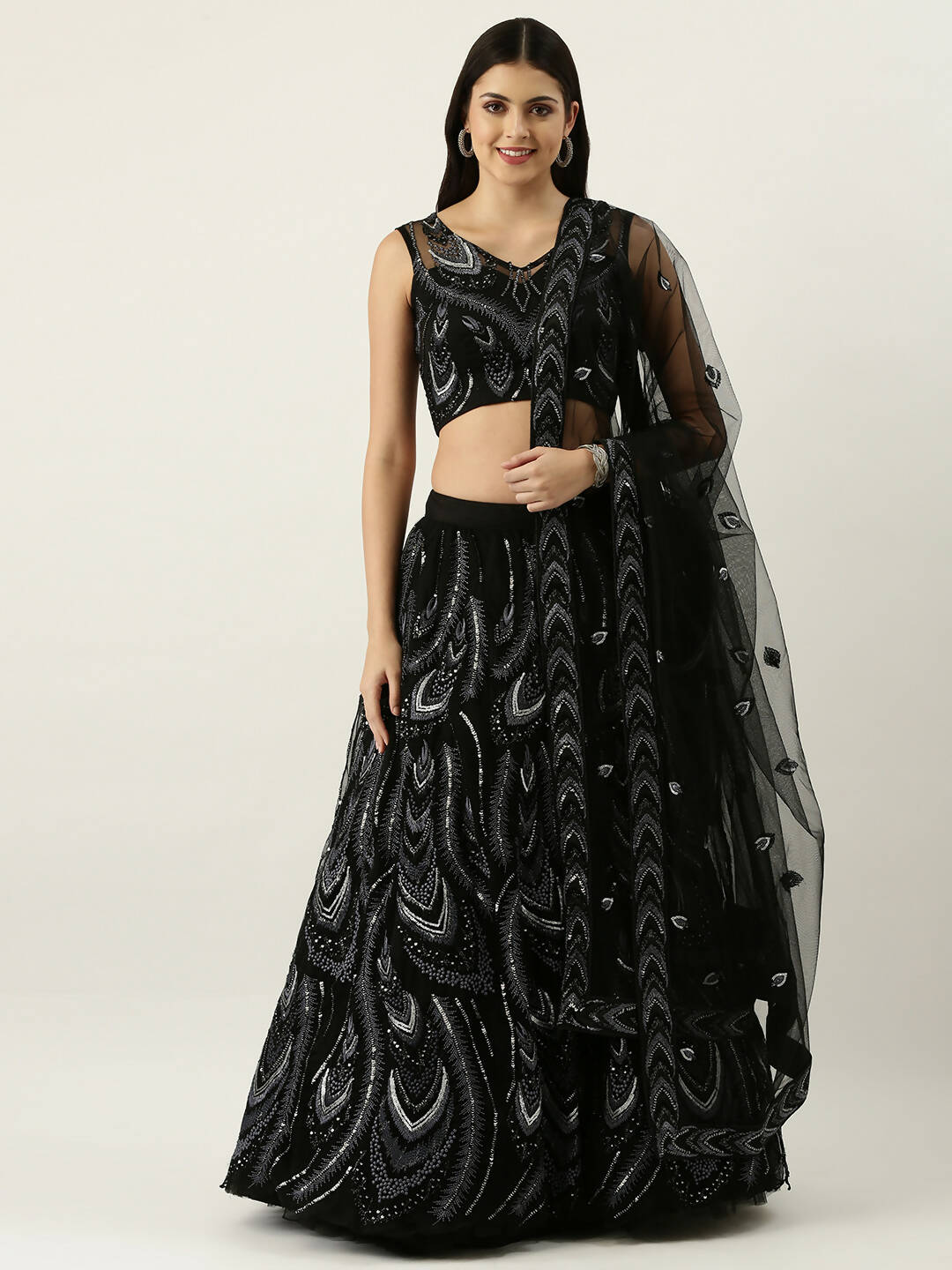 House of Panchhi Women Black Net Sequins Embroidered Lehenga & Blouse with Dupatta | Swadesiicart