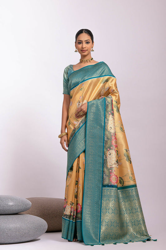 Vishnu Weaves Women's Yellow Tissue Silk Zari Woven Saree with Blouse - Swadesiicart
