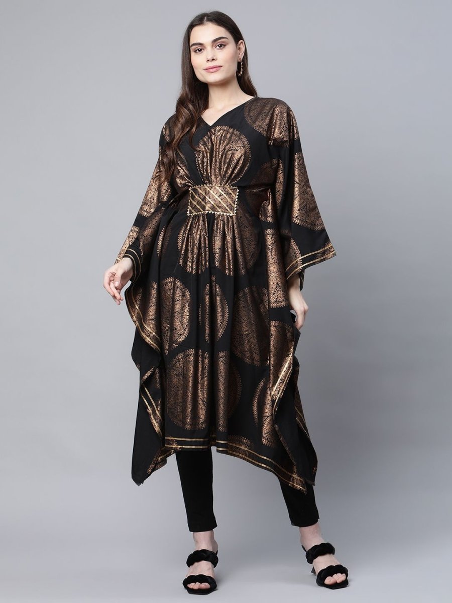 Ahalyaa Women Black Crepe Copper Foil Printed Flared Sleeve Kaftan Kurta | Swadesiicart