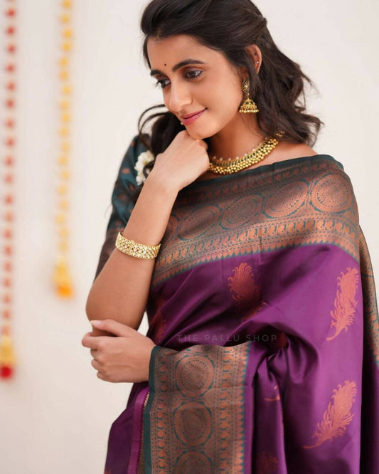 DEIANA'S Beautiful Designer Golden zari Soft Lichi Silk Saree - Purple - Swadesiicart
