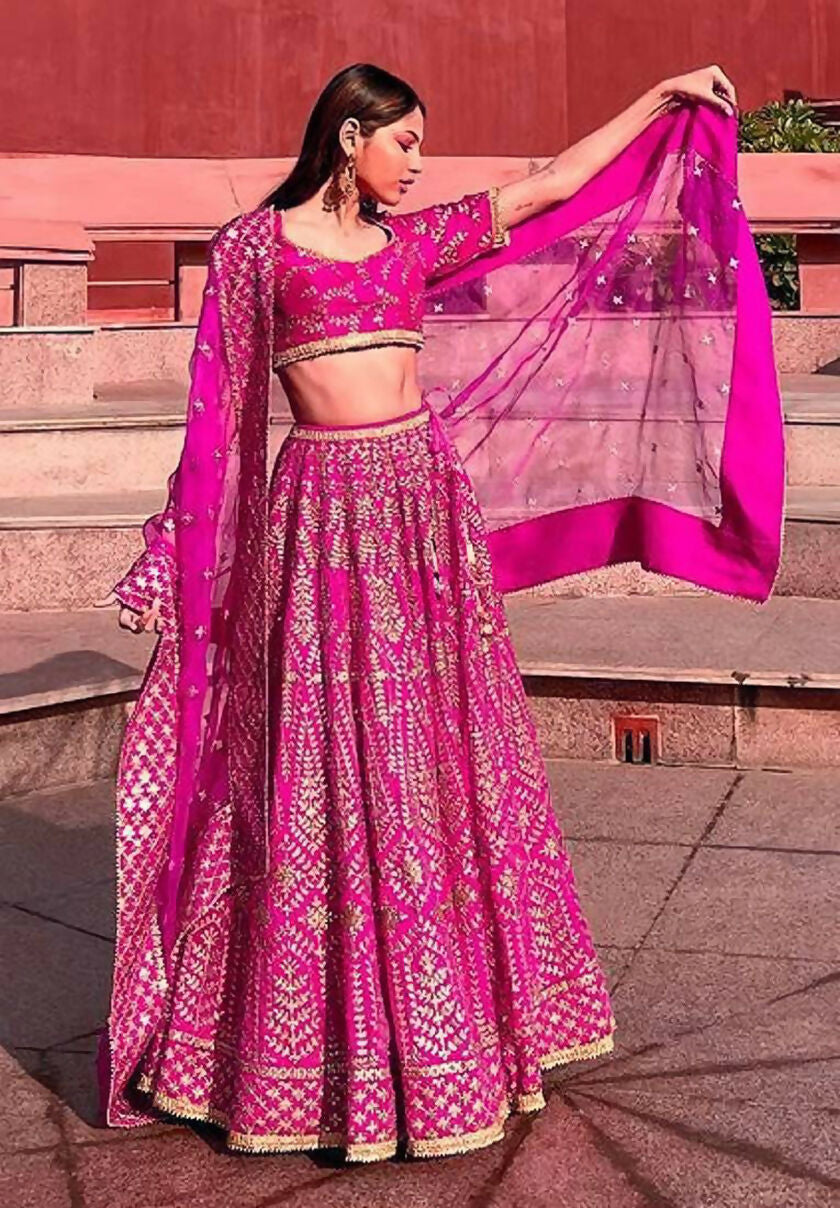 Jyoti Fashion Glamorous Rani Pink Chapat Zari and Dori Embroidered Malai Satin Silk Lehenga Choli with Dupatta | Swadesiicart