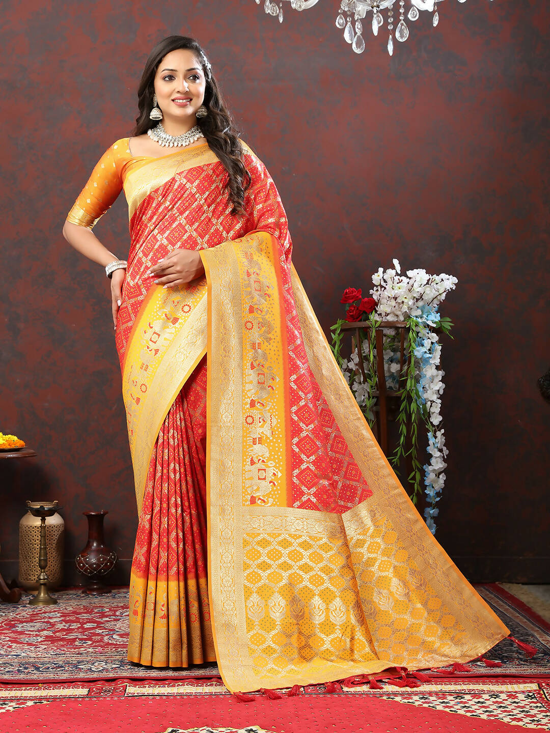 Lorenvalley Fashion Red & Yellow Patola Silk Woven Design Meenakari Weaving Saree - Swadesiicart
