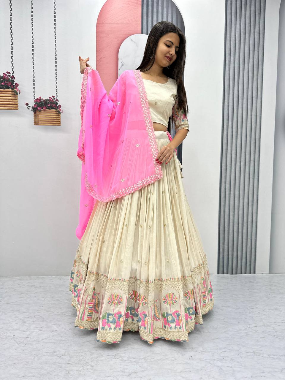 Teeya Creation Cream Color Banarasi Silk Heavy Embroidery Work Fully Stitched Lehenga Choli | Swadesiicart