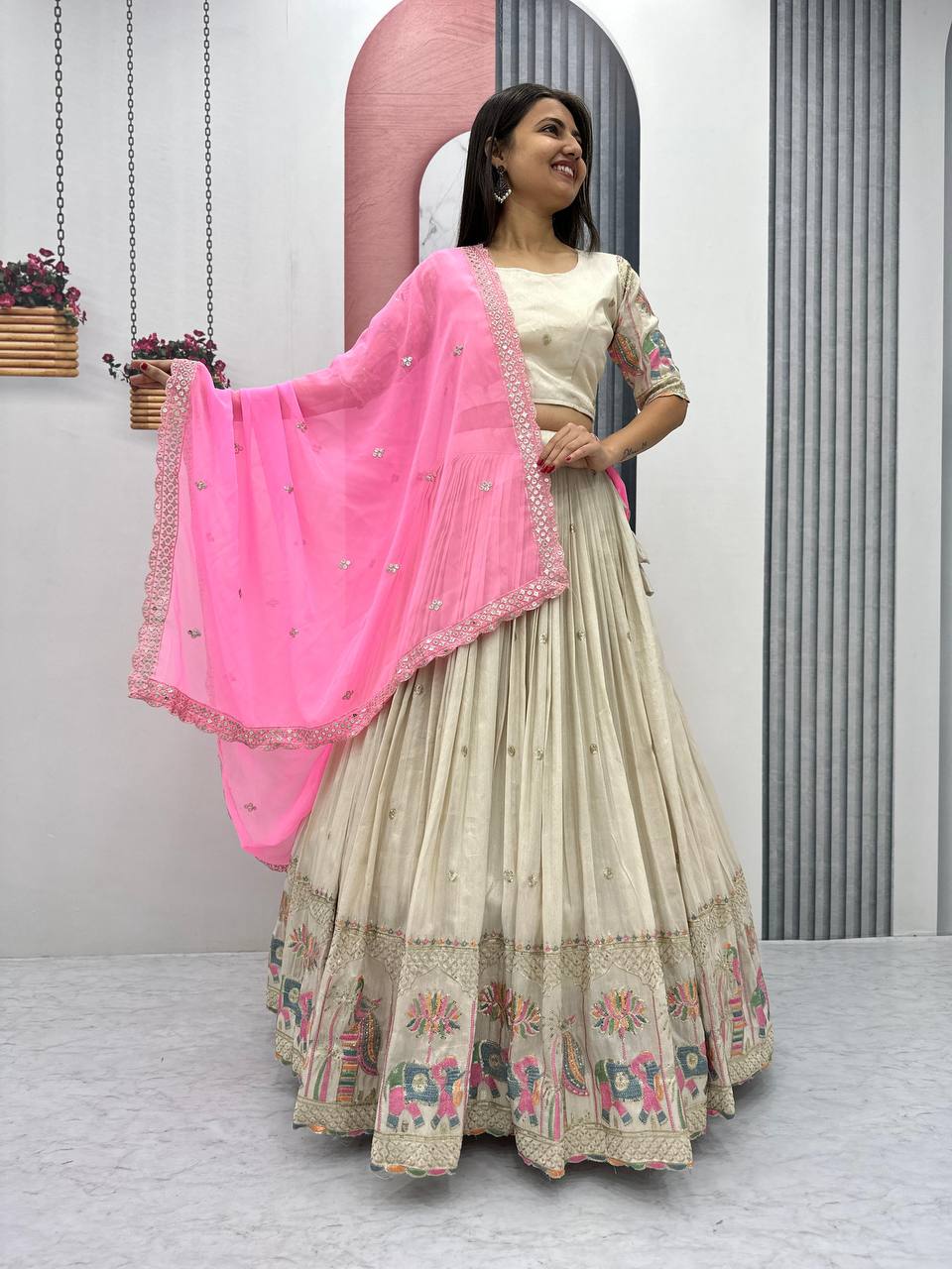 Teeya Creation Cream Color Banarasi Silk Heavy Embroidery Work Fully Stitched Lehenga Choli | Swadesiicart