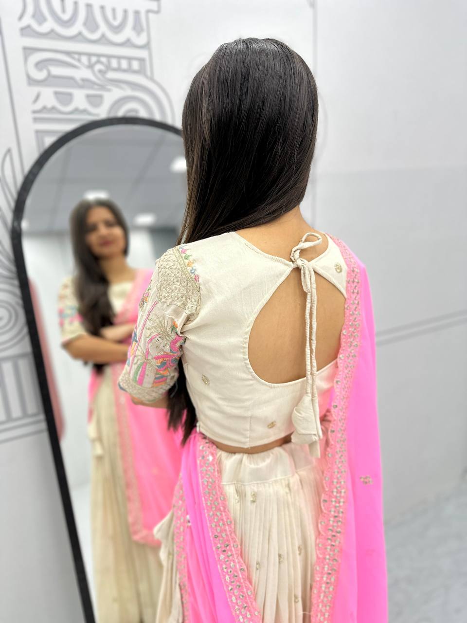 Teeya Creation Cream Color Banarasi Silk Heavy Embroidery Work Fully Stitched Lehenga Choli | Swadesiicart