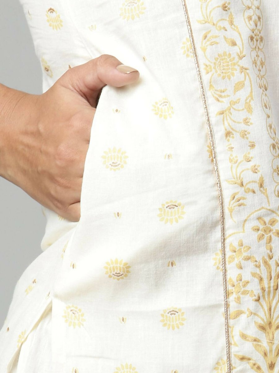 Ahalyaa Womens Off White Pure Cotton Printed Kurta Pant Set | Swadesiicart