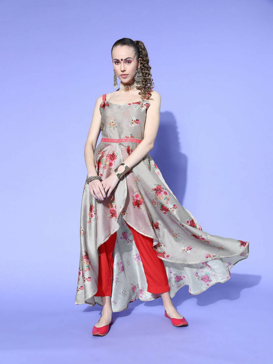 Ahalyaa Women Beige Colour Beautiful Chanderi Printed Kurta Pant Set | Swadesiicart