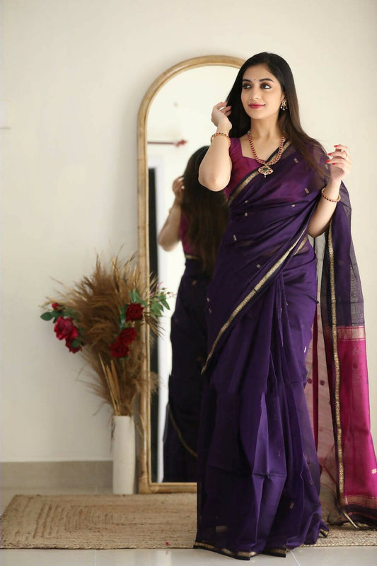 DEIANA'S Beautiful Designer Golden zari Soft Cotton Saree - Purple - Swadesiicart