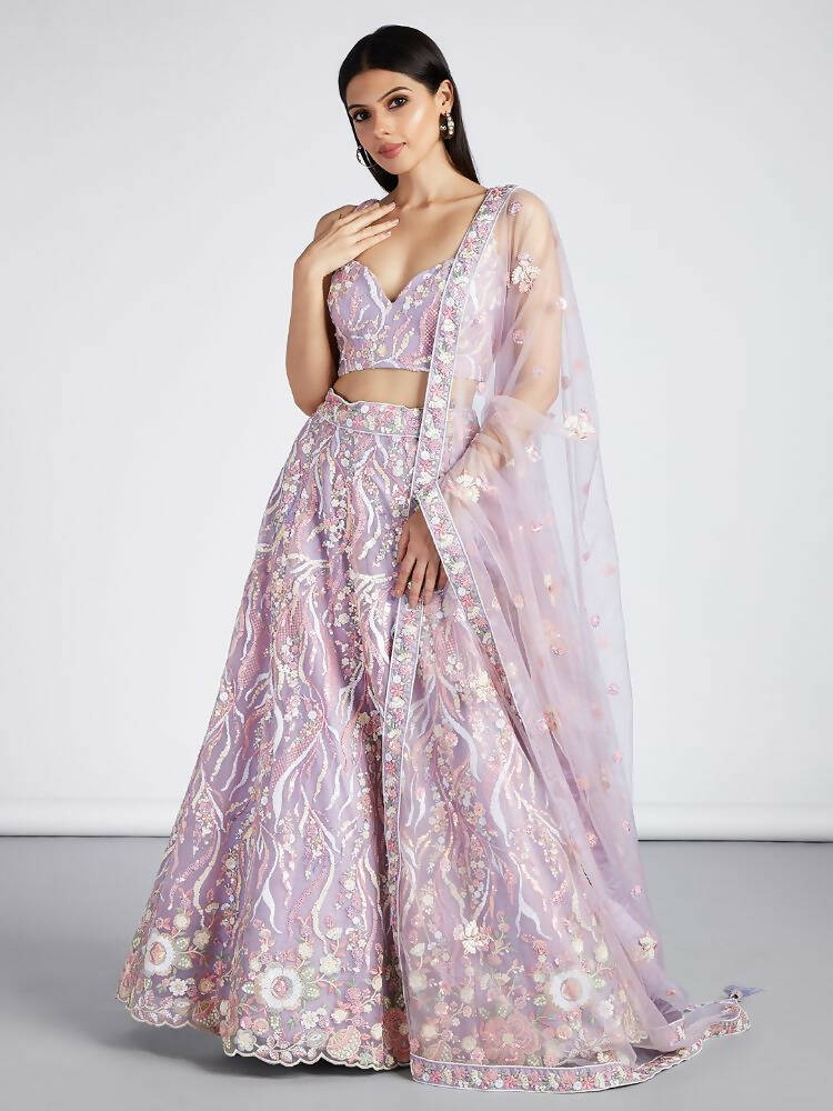 House of Panchhi Mauve Net Sequins And Thread Embroidery Lehenga Choli & Dupatta | Swadesiicart
